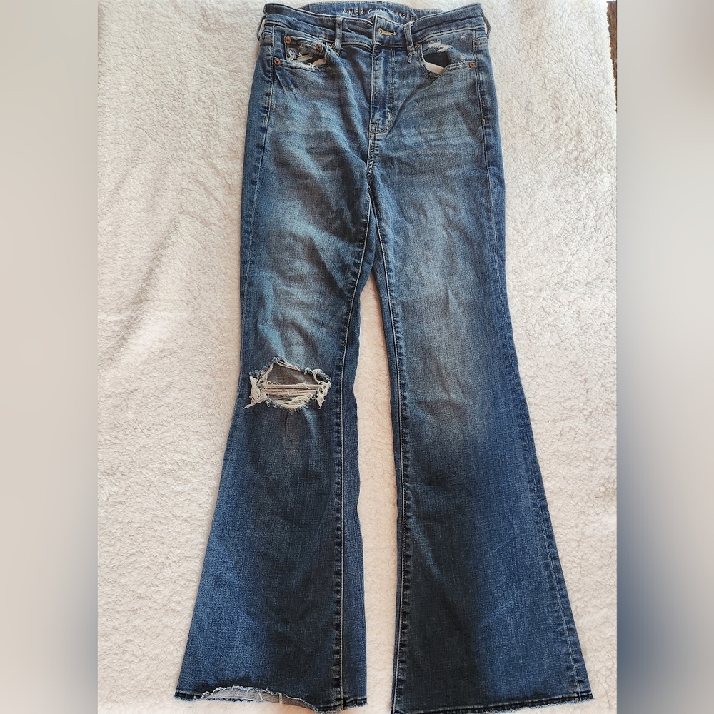 American Eagle Blue Flare Wide Leg Jeans with Distressed Knee